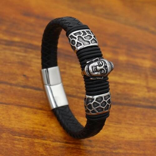 Men wristband 12MM Wide Retro Genuine Leather Bracelet Stainless steel Buddha Head Bead Bracelets with Magnet Clasp