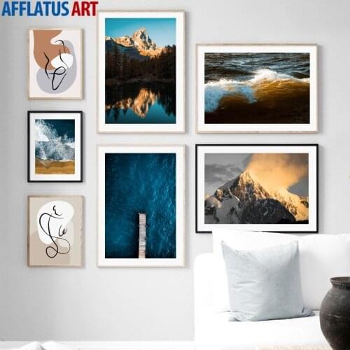 Sea Snow Mountain Forest Abstract Figure Wall Art Canvas Painting Nordic Posters And Prints Wall Pictures For Living Room Decor