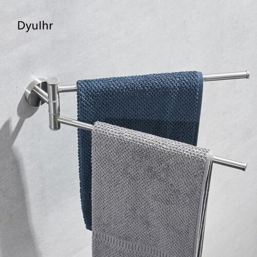 Wall Mounted Bathroom Towel Holder 180 Degree Rotation Double Towel Bars Simple Silver Stainless Steel Metal Towel Hanger