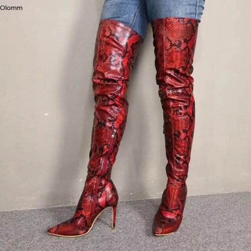 Olomm Women Thigh High Boots Stiletto High Heels Boots Pointed Toe Gorgeous Snake 7 Colors Party Shoes Women Plus US Size 5-15