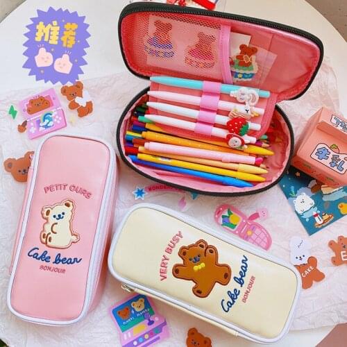 Student School Girls Pencil Bag Case Japan Korea Cute Bear Large Capacity Cute Pen Pencil Case Cosmetic Makeup Bag Box