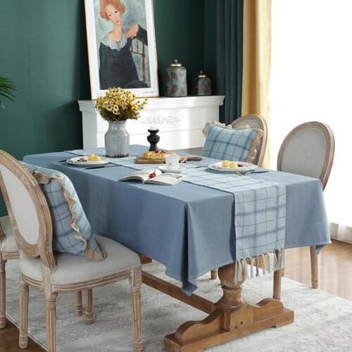 INS Wind Blue Plaid Printing Imitation Cotton And Linen Tassel Table Runner Rectangular Geometric TV Cabinet Home Tablecloth