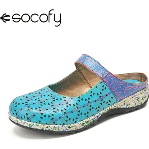 SOCOFY Comfy Hollow Out Closed Toe Slip On Casual Wearable Flat Clog Shoes Backless Mules Sandals Hard-wearing Women Shoes