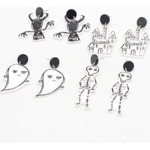 Fun Black and White Graffiti Acrylic Halloween Earrings Skull House Personality Asymmetric Trend Men and Women Jewelry Gifts