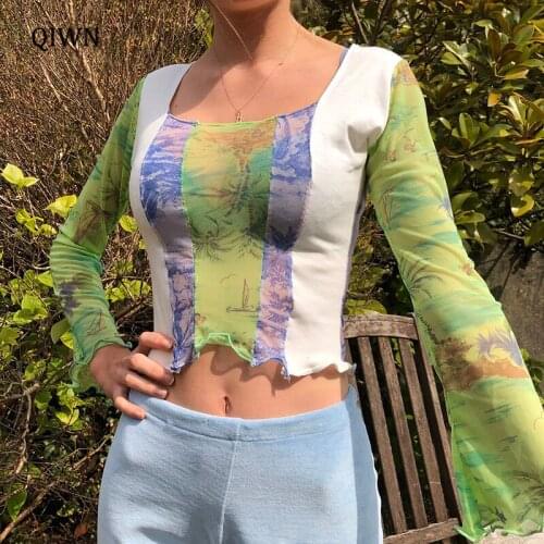 2000s Aesthetic Kawaii Floral Mesh T-Shirts Women Patchwork Print Vintage Baby Tee Square Collar Long Sleeve Y2K Tops