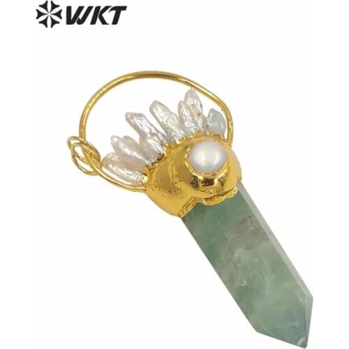WT-P1583 Women uique pearl charm fluorite pendant natural rainbow spirit quartz point pendant for lady necklace