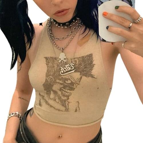 2021 Summer Fashion Womens Round Neck Tank Tops Trendy Sleeveless Anime Printed Slim Fit Crop Tops