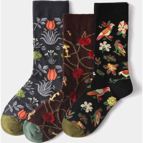Daffodil Rose Bird Art Retro Oil Painting Socks Women Chic Jacquard Cozy Combed Cotton Streetwear Skateboard Tide Casual Socks