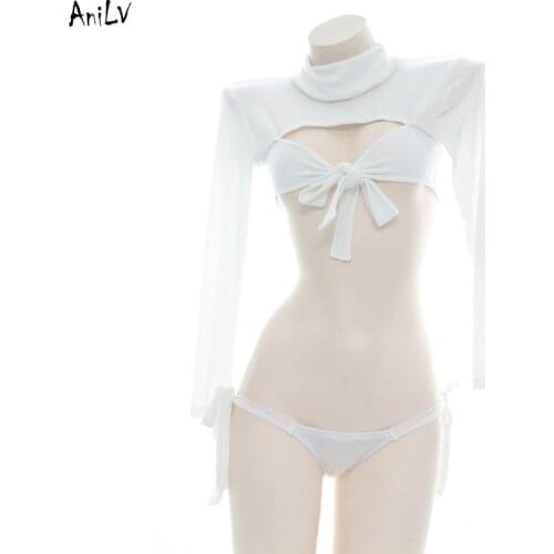 AniLV Anime Girl White Knitted Beach Bikini Swimsuit Costumes High Neck Long Sleeve Swimwear Uniform Set Pool Party Cosplay