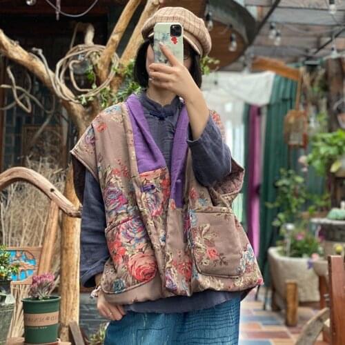 Women Winter Patchwork Printed Cotton Linen Vest Waistcoat Outerwear Ladies Vintage Vests Female 2020 Padded Vests