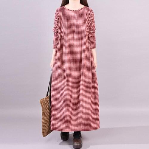 Women Plaid Loose Maxi Dress Casual Long Sleeve Ruched Vintage Dresses Spring Summer Pastel Cotton Plus Size Clothing Black Red