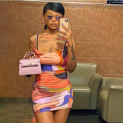 Womens 2021 Summer New Sexy Backpack Hip Sling Abstract Printed Dress