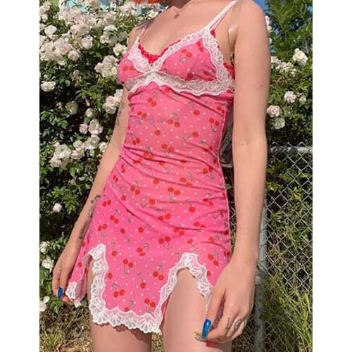 2021 Women’s Sexy Suspender Short Dress Fashion Cherry Printing Lace Trim V-neck Split Tight Dress