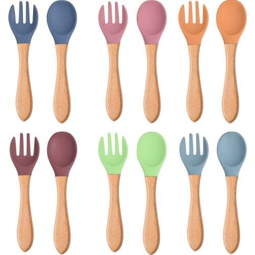2Pcs/Set Baby Wooden Handle Spoon Fork Food Grade Toddlers Training Utensils Newborn Tableware Infant Learning Spoons Set