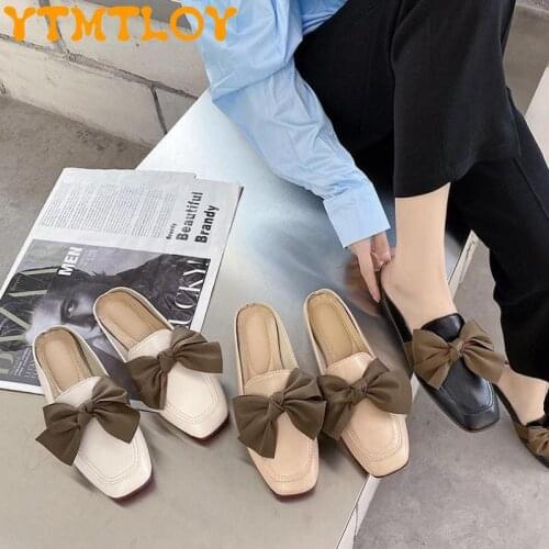 2021 spring and summer womens shoes Korean soft leather square toe bow fashion low-heel half slippers