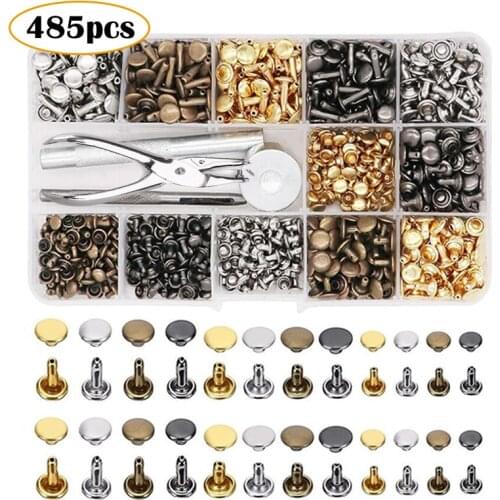 485pcs DIY Making Leather Bag Craft Sewing Accessories 480pcs Double Cap Rivets Tubular Snap Button with Fixing Tool Pliers Box