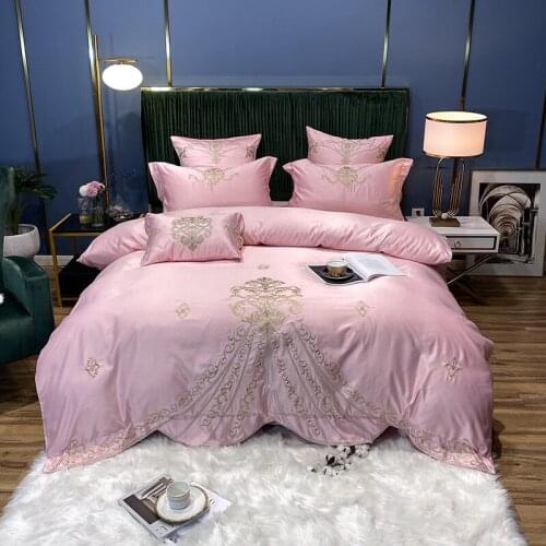 7 Colors Luxury 60S Pink Embroidery Washed Silk Cotton Duvet Cover Bed Linen Fitted Sheet Pillowcases Bedclothes