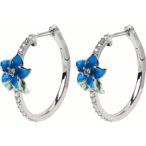 ANGELADY 2020 New Elegant Female Enamel Floral Zircon Hoop Earrings Blue Blooming Flower Hoop Earrings Women Fashion Jewerly