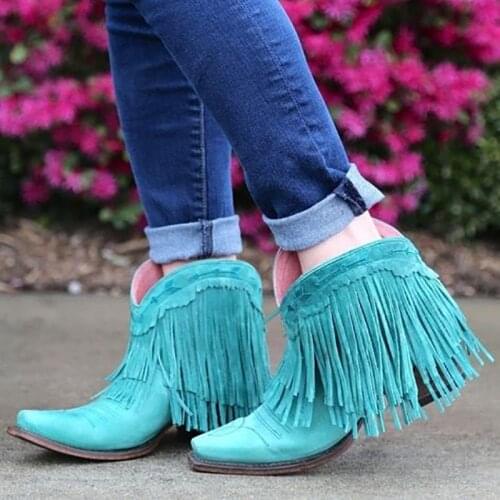 Turquoise Fringe Booties 2019 Autumn New Fashion Tassel Short Boots Square Heels Medium Women Slip On Shoes Manufacturer