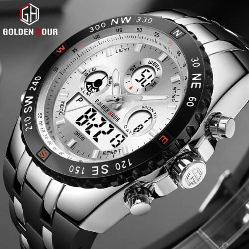 GOLDENHOUR Men Watch Top Luxury Brand Mens Fashion Dual Display Watches Casual Sport Waterproof Wrist Watch Relogio Masculino