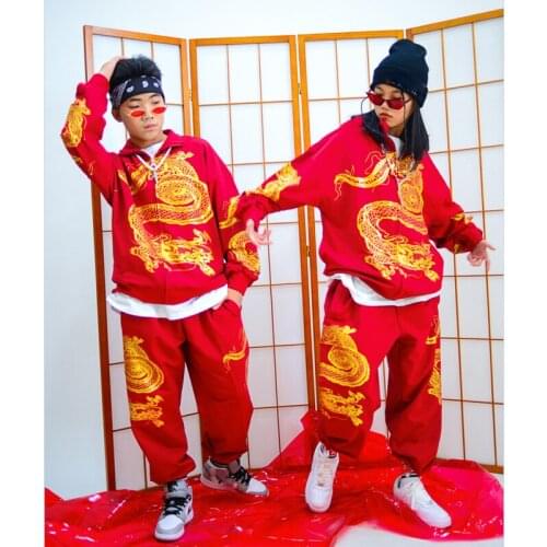 Children Jazz Modern Dance Costumes Chinese Style Hip-Hop Clothes Kids Boys Red Outfits Dragon Pattern Performance Wear DQS5569