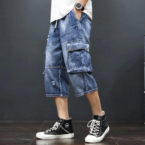 Classic Men`s Denim Cargo Shorts Elastic Waist Drawstring Multi-Pockets Ripped Street Style Hip Hop Jeans Short Pants For Male