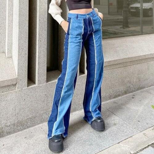 Two Tone Jeans Women Spring Fashion Slim High Waist Blue Patchwork Jeans Female Casual Loose Tassel Wide Leg Pants Streetwear