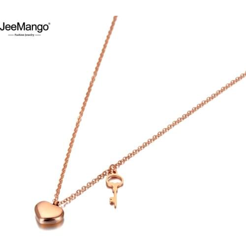 JeeMango Trendy Goth Stainless Steel Heart & Key Charm Pendant Necklaces Rose Gold Chain Link Choker Necklace For Women JN20058