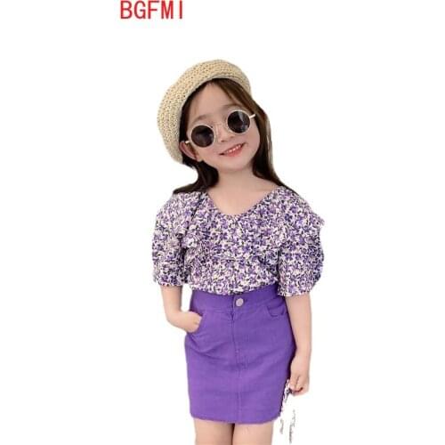2-7 Yrs Fashion New Girl Clothes Set Summer Short Floarl Printed Shirt +Denim Purple Skirt Suits 2Pcs Casual Children Clothes