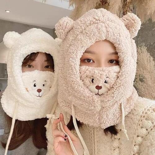 2021 Fashion Winter Women Novelty Beanies Caps Warm Cute Bear Ear Hat Casual Plush Hat Scarf Set Casual Solid Women Caps Present