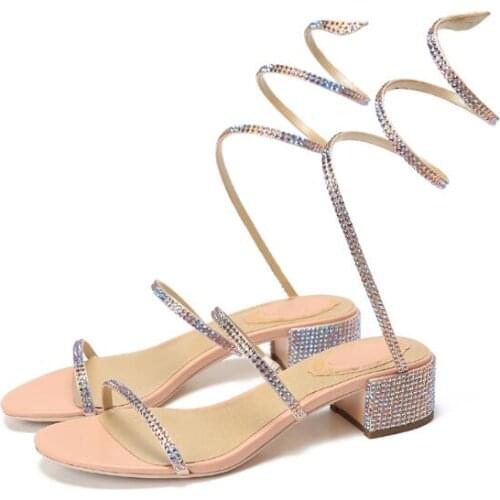 Moraima Snc Crystal Embellished Snake Pattern Woman Sandal Summer Open Toe Chunk Heels Gladiator Shoe Rome Style Wedding Shoe