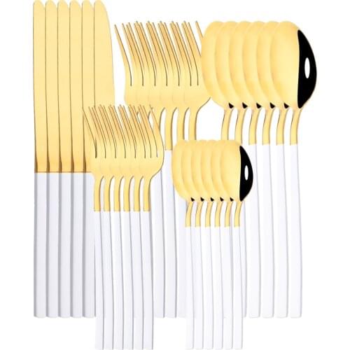 30Pcs White Gold Cutlery Set Stainless Steel Dinnerware Knives Fork Spoon Dinner Tableware Party Kitchen Flatware Silverware Set