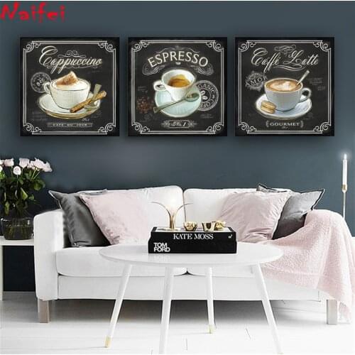 Full Drill Diamond Painting Kitchen Vintage Coffee Diamond Art Mosaic Embroidery Scenery Kitchen Kids Room Bars Cafe Decor