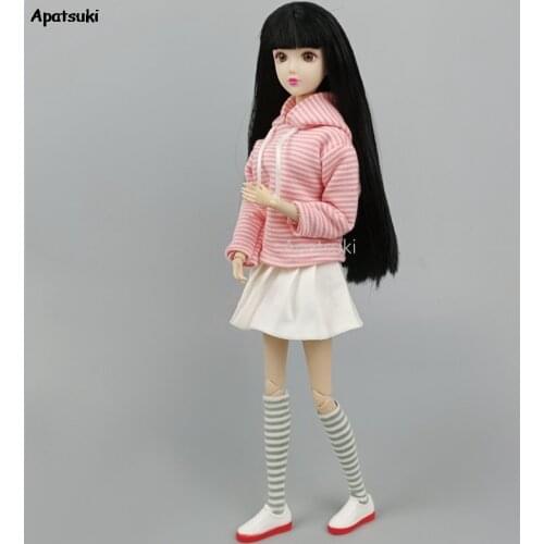 Pink Striped Clothes for Barbie Doll Outfits Top Hoodies Sweatshirt Pleated Skirts Suit for 1/6 BJD Dolls Accessories DIY Toys
