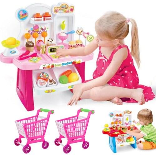 Cute Kids Simulation Supermarket Cash Register Miniature House Checkstand Pretend Toy Brinquedo Playset Kit with A Shopping Cart