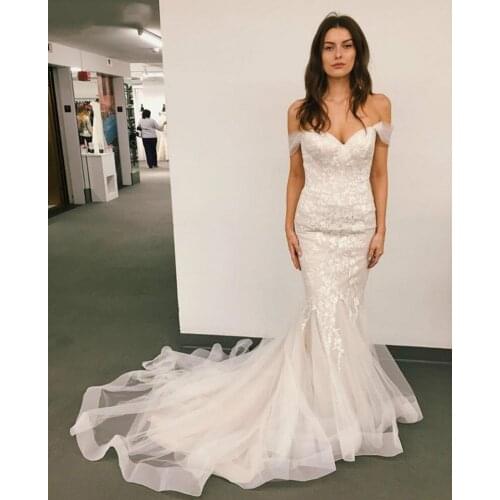 Romantic Off Shoulder Mermaid Wedding DressesSweep Train Appliques Custom Made High Quality Tulle Bridal Gowns