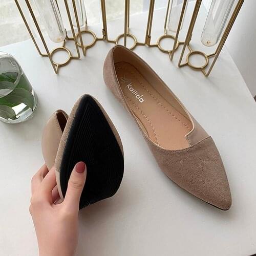 Trend Women Flat Flock Leather Shoes Splice Color Shoe Ballerina Slip On Pointed Toe Ballet Dancing