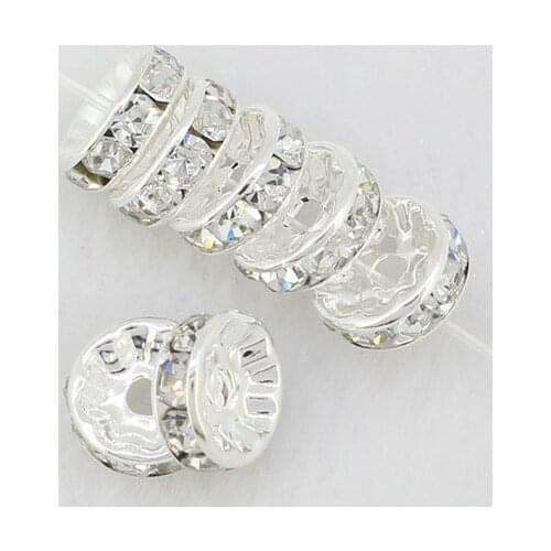 Utu56 10mm DHL Free+Gift White Rhinestone Rondelle Spacer, Silver Plated DIY Loose Beads Fit Charm Bracelet