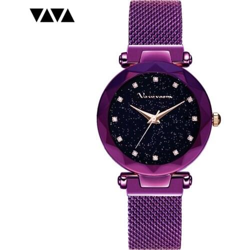 VA VA VOOM VA 6D Trendy Magnetic Buckle Mesh Belt Watch Korean Version Starry Sky Pink Diamond Waterproof Ladies Watch Clock