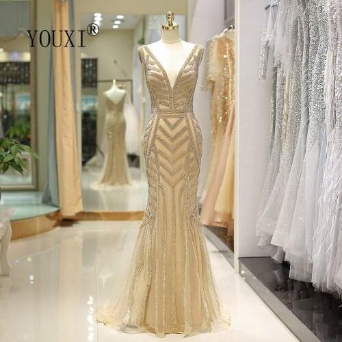 YOUXI Mermaid Evening Dress V- Neck Gold Crystal Beading Abendkleider Lang Formal Gown robe de soiree