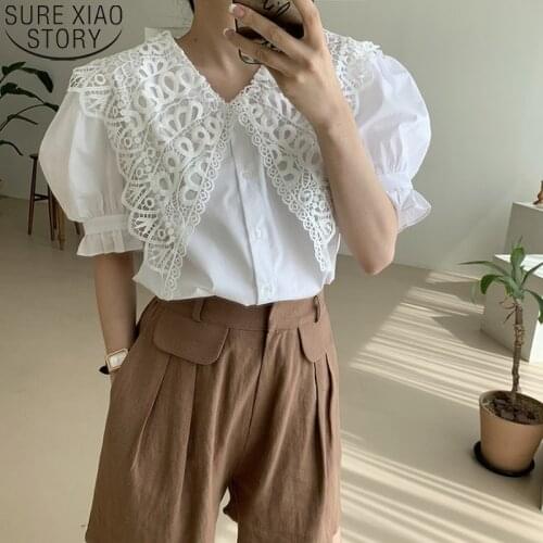 Vintage Blouse Women Lace Tops Korean Chic Lapel White Blouses 2021 New Summer Puff Sleeve Casual Clothes Femme Blusas 13813
