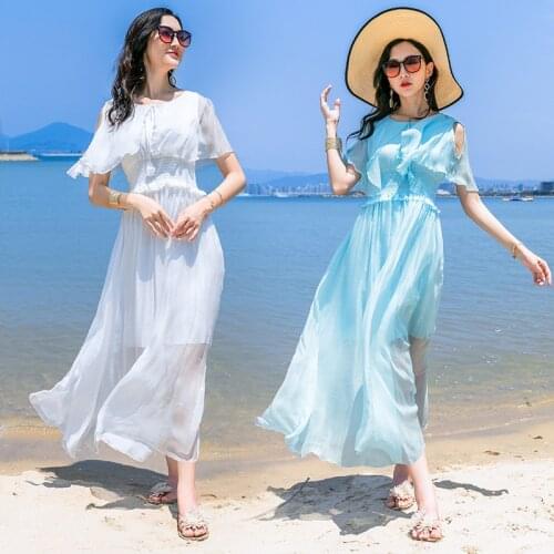 High Quality 100% Silk Dress Women Summer 2021 White Maxi Dresses Elegant Beach Dress Female Sundress Vestidos Pph4990