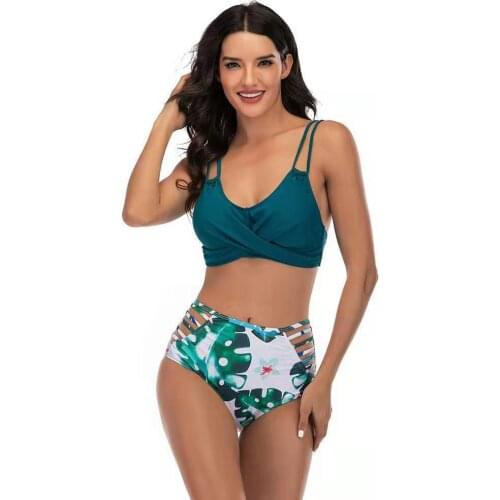 2021 Swimsuit Drawstring Printed Split Bikini Swimming Suit for Women High Waist 2 peice set women