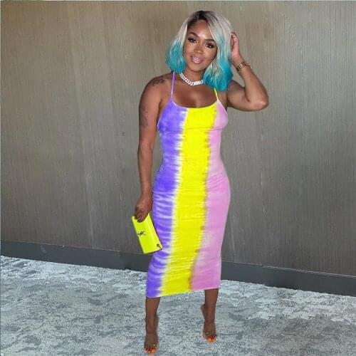 Striped Tie Dyeing Print Summer Pencil Sundress Women Sexy Low Neck Sleeveless Package Hip Dress Vintage Spaghetti Strao Dress