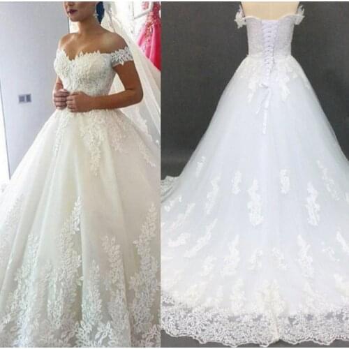 2021 Off Shoulder Short Sleeve Ball Gown Court Train Tulle Lace Elegant Lace-up Wedding Dress Bride Gown Vestidos De Novia