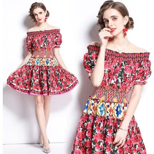 Summer Womens New Rose Flower Printed Elastic Boat-Neck Short-Sleeve Slim-Fit Floral off-Shoulder Dress
