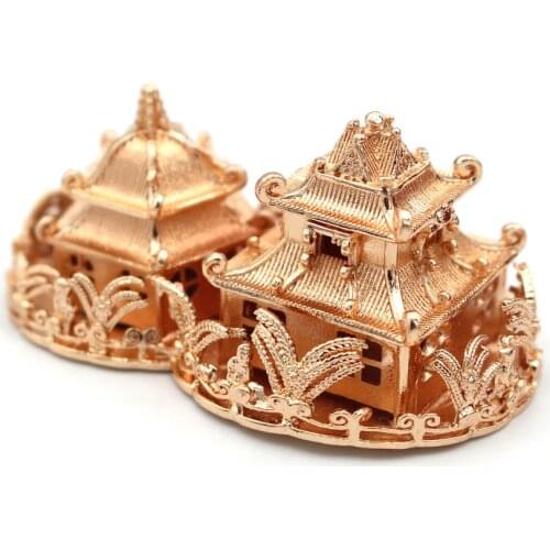 2pcs Brass Casted Ancient 3D Pavilions Palace Court Yard Display Decoration Quality Gold Silver Color DIY Jewelry Accessories