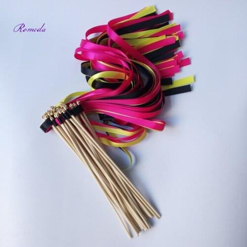 50pcs/lot fushia black and yellow Wedding ribbon Wands stick Streamers with gold Bells for wedding party