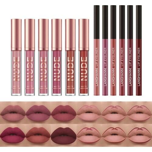 6+6 12Pcs Lip Liner Lipgloss Set Velvet Matte Lip Tint Nude Waterproof Long Lasting Lip Pencil Smooth Women Sexy Beauty Cosmetic