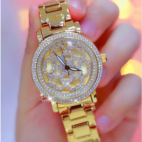 Bs Luxury Brand Womens Watch Gold Rose Gold Rhinestone Hollow Quartz Clock Relogio Feminino Stainless Steel Fashion Bracelet